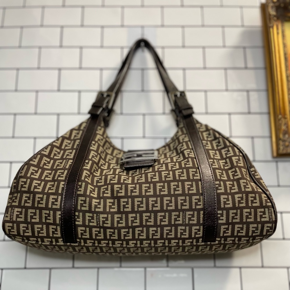 Vintage Fendi Brown Zucchino Canvas and Leather Borsa Piccola Satchel - Picture 10 of 16